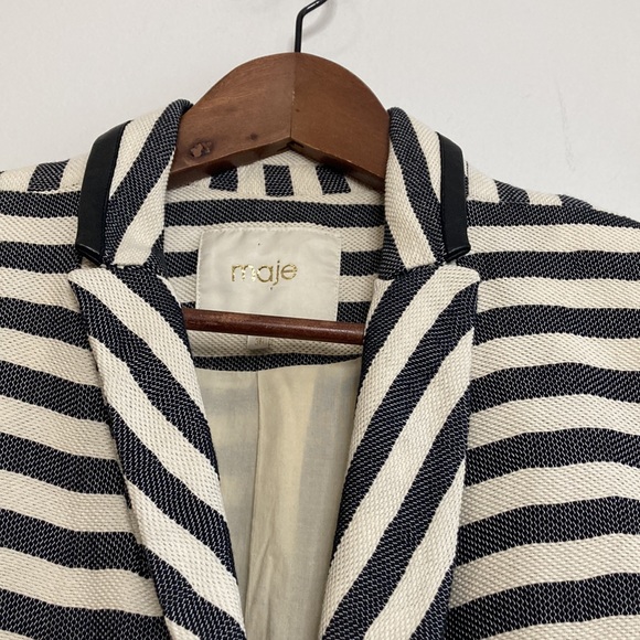 Maje Jacket Womens Small Gray Cream Cotton Striped Cropped Blazer Leather Trim - Picture 3 of 14